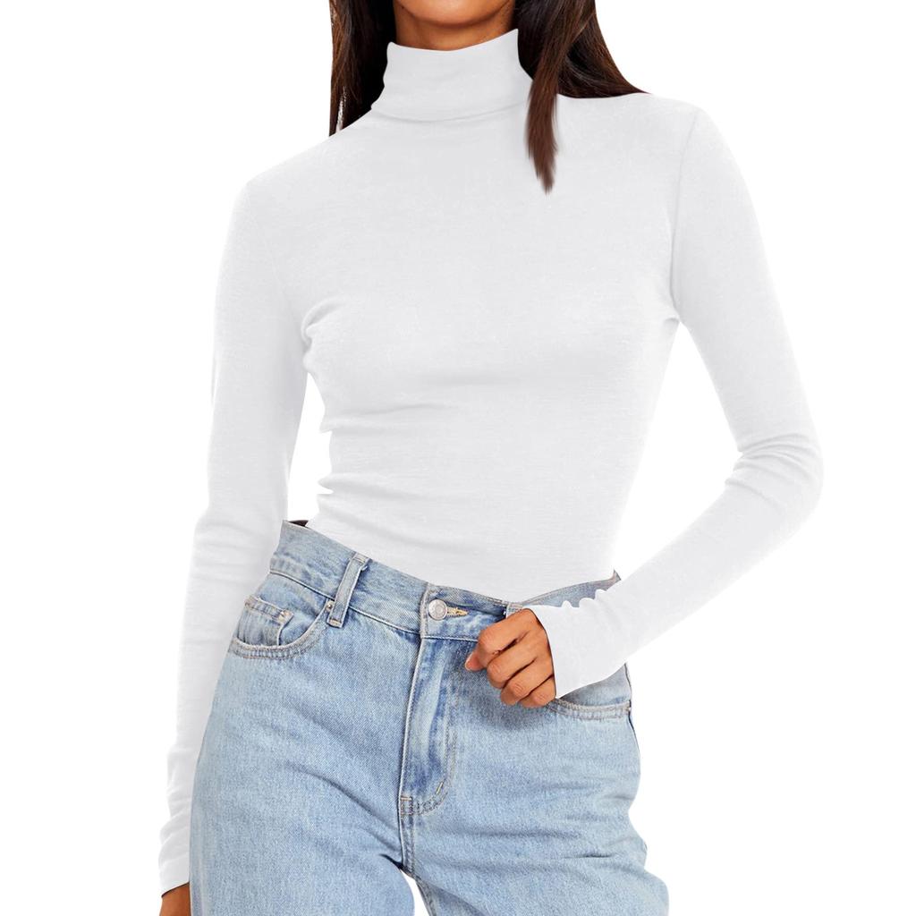 Women's Turtleneck Long Sleeve Shirts Solid Color Fall Fashion Basic Slim Fit Soft Thermal Tops