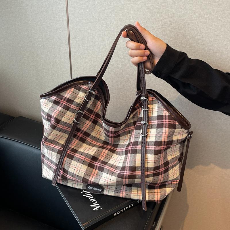 Fashion Plaid Canvas Tote Bag Women's New Versatile Casual Lightweight Shoulder Bag