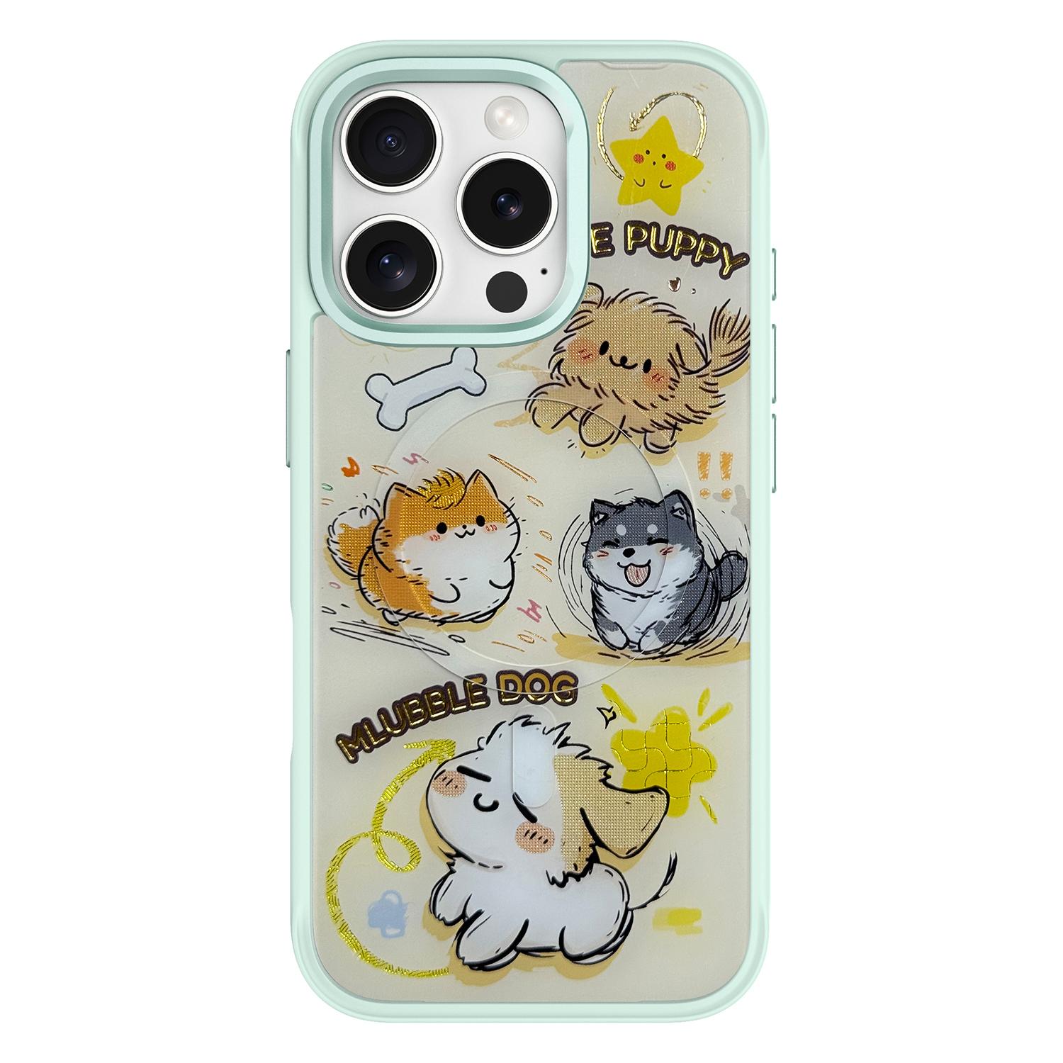 

For iPhone 16 Pro Magnetic Case TPU PC Phone Cover with Detachable Whirlwind Dog Backplate Green