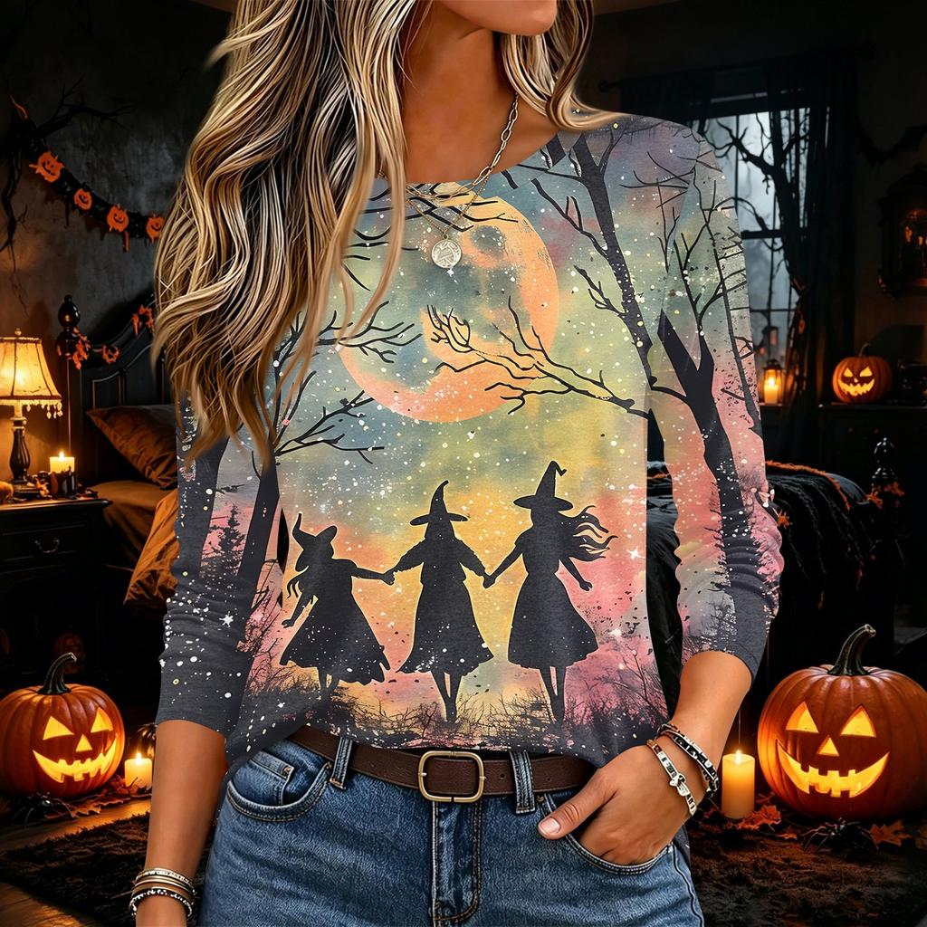 Women's Halloween Print Long Sleeve Neck Pullover Top