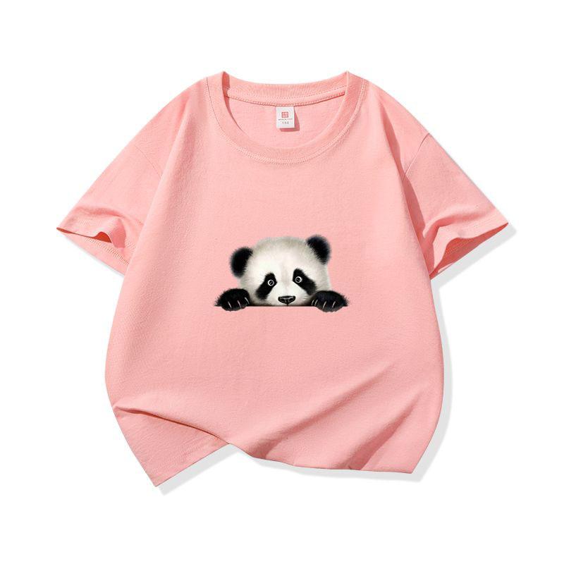 Kids Cotton T Shirt Cute Peeking Panda Print Crew Neck Short Sleeve Tee Casual Breathable Boys Girls Summer Tops