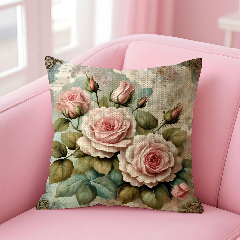 Rose Elegant Cushion Cover Natural Linen Pillow Case DoubleSided Print Decorative Sofa Pillowcase Home Decor Gift