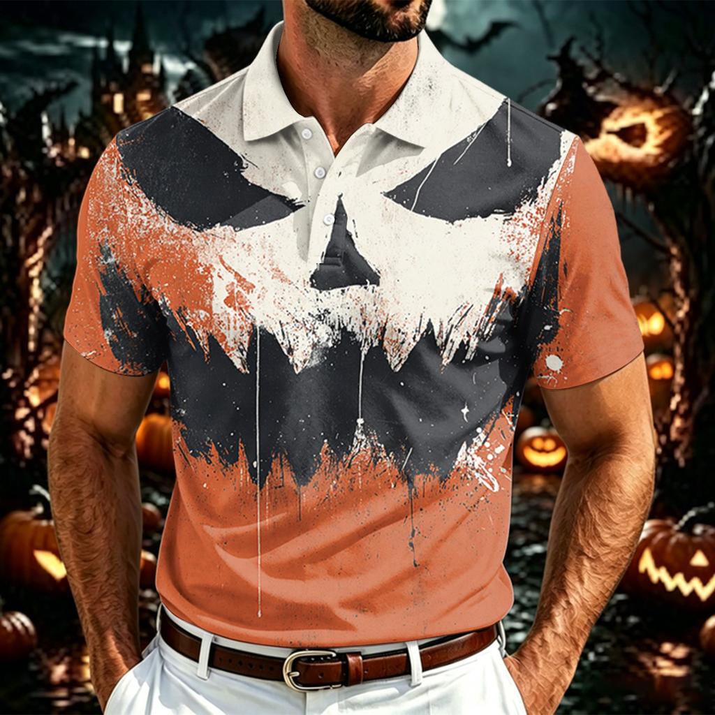 Men's Halloween Print Polo Shirt Lightweight Mesh Breathable Short Sleeve Top with Collar Button Down Front for Casual Wear