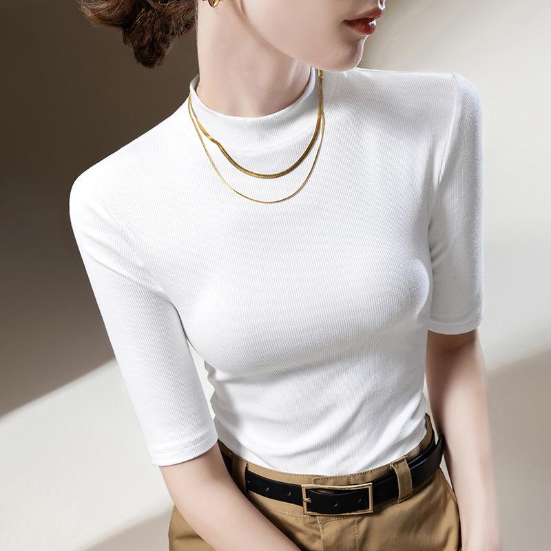 Threaded Mid-sleeved T-shirt for Women New Women's Small Stand Collar Solid Color Half-sleeved T-shirt Waist Tight Body