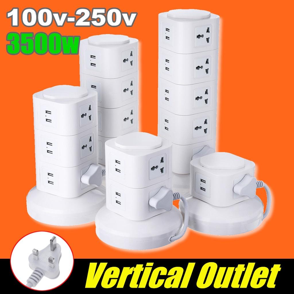 100v-250v Vertical Power Socket Powerboard Outlet Plug Extension Multi USB Ports Charger Socket Power Strip White 3500w
