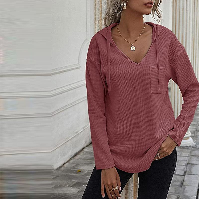 Dámské mikiny s kapucí do V s dlouhým rukávem Pulovr se stahovací šňůrkou Topy s kapsou