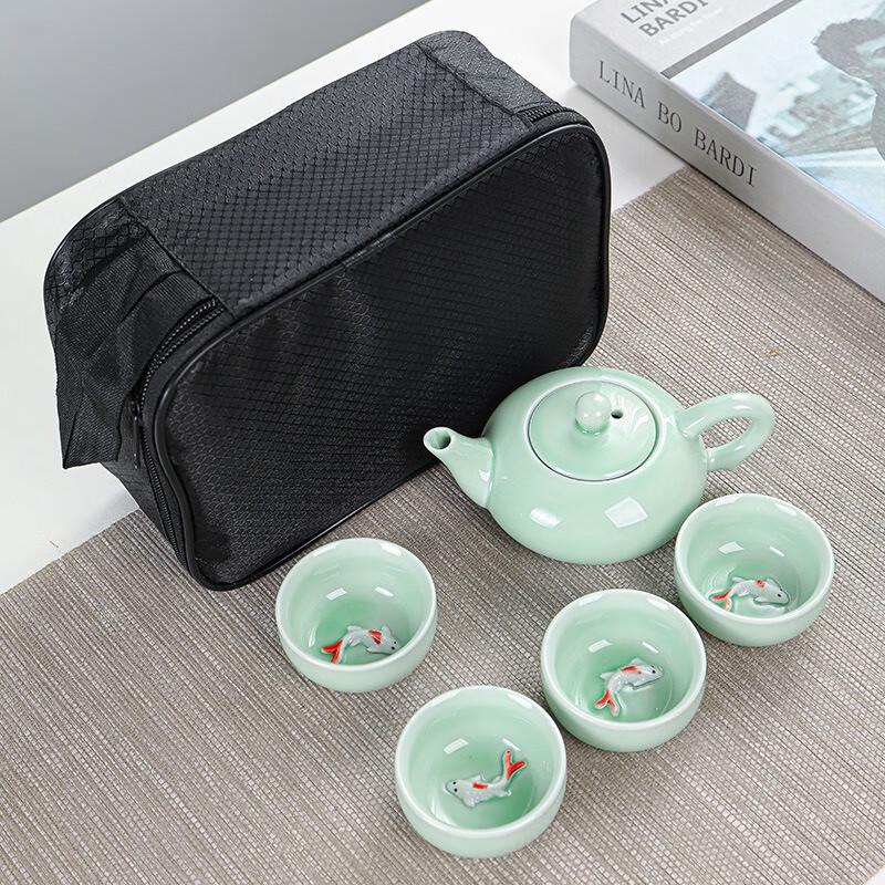 

Tao Zhide Celadon Koi Travel Tea Set One Pot Four Cups with Travel Bag