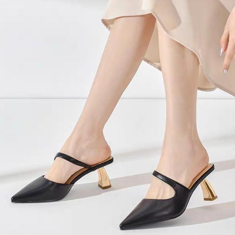 Women's Slippers and Ladies Sandals Leather Sexy Slides Black Shoes Pointed Toe Mules Vip Eva Korea Style Chic Elegant on Sale