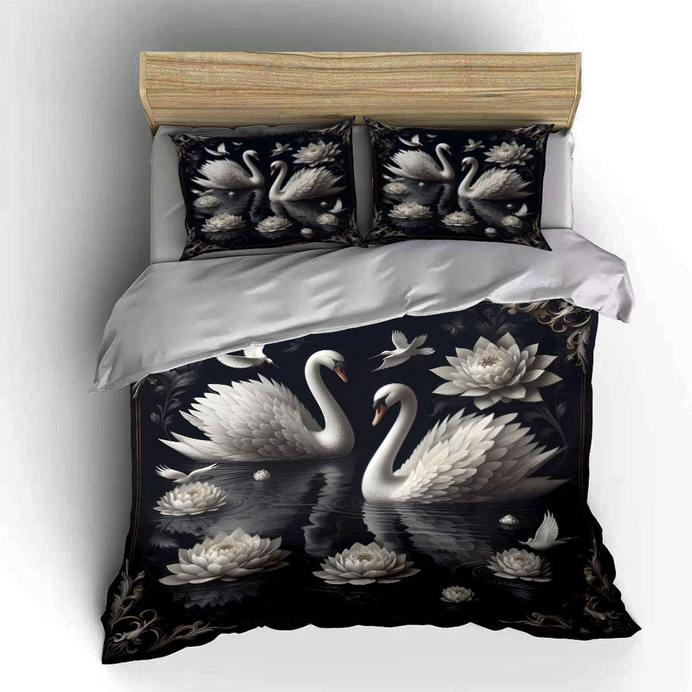 Elegant Swans With Lotus Flowers Printed Duvet Cover Set1 Duvet Cover+2 Pillowcasemulti Size Bedroom Bedding Decor Luxury Gift