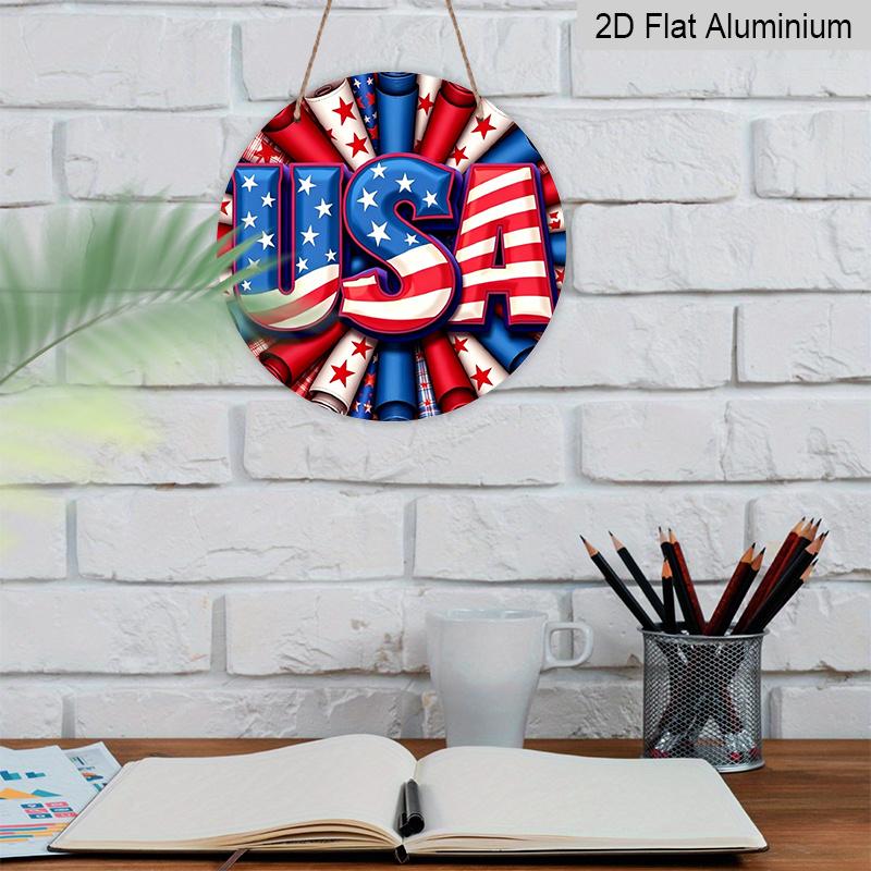 2D Flat - 1pc July 4th Patriotic Wreath - Red White Blue American Flag Design Metal Aluminum Sign with Stars, Stripes USA Lettering, Durable Aluminum