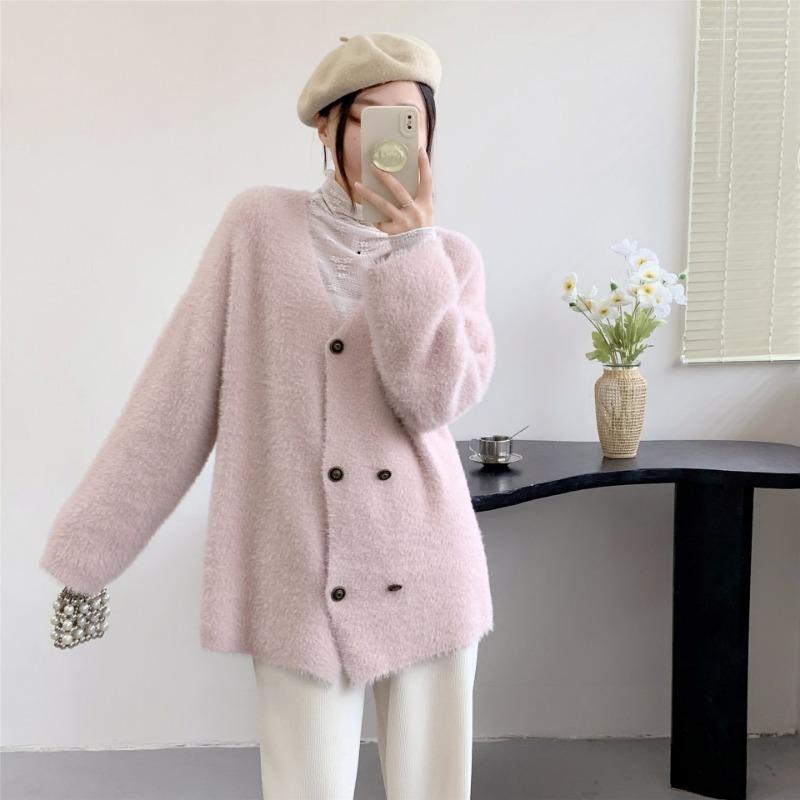 Double-breasted imitation mink cardigan sweater women's autumn new thickened lazy loose and comfortable knitted sweater jacket