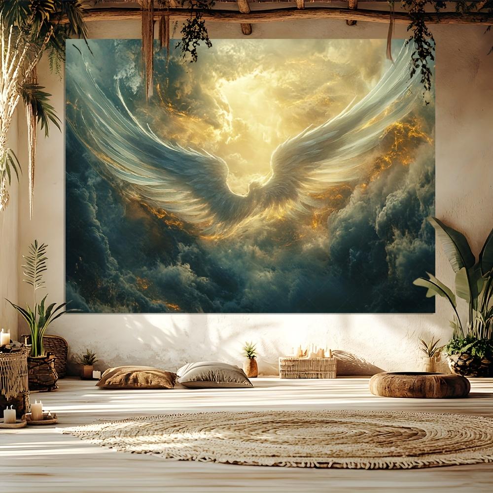 Skywing Tapestry-majestic white feathers, ethereal light diffusion with soft gradient tones, tranquil bohemian wall art 100X70CM