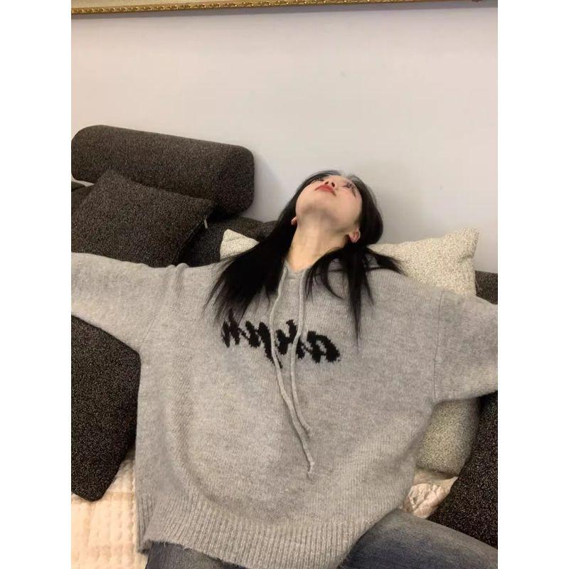 

Gray Hooded Sweater Female Fall and Winter 2024 New Lazy Wind Loose Chinese Fad Letter Sweater Outer Tops Hemp Gray S