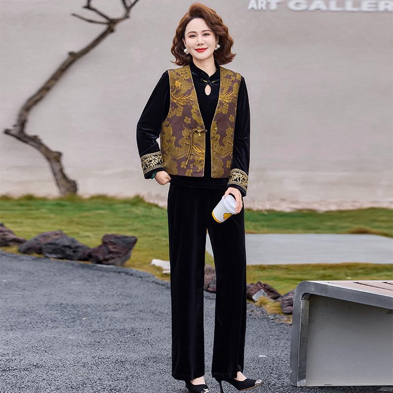 

2026 New Spring/Autumn Chinese Style Three-Piece Vest Suit for Middle-Aged Women XL (90-105jin)