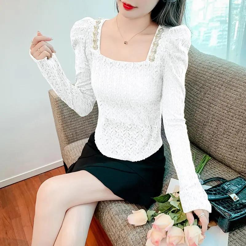 

Square Neck Puff Sleeve Crocheted Hollow Brushed Lace Shirt Spring Autumn Solid Color Short Top S білий