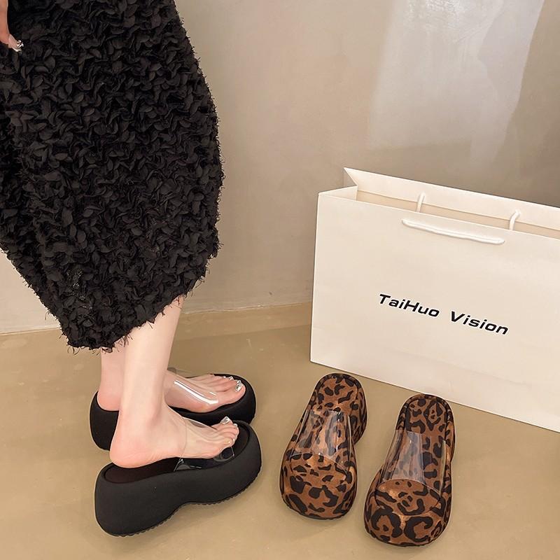 2026 Summer New Type One Word Transparent Sponge Cake Thick Bottom Waterproof Platform Slope Heel Outerwear Cold Slippers