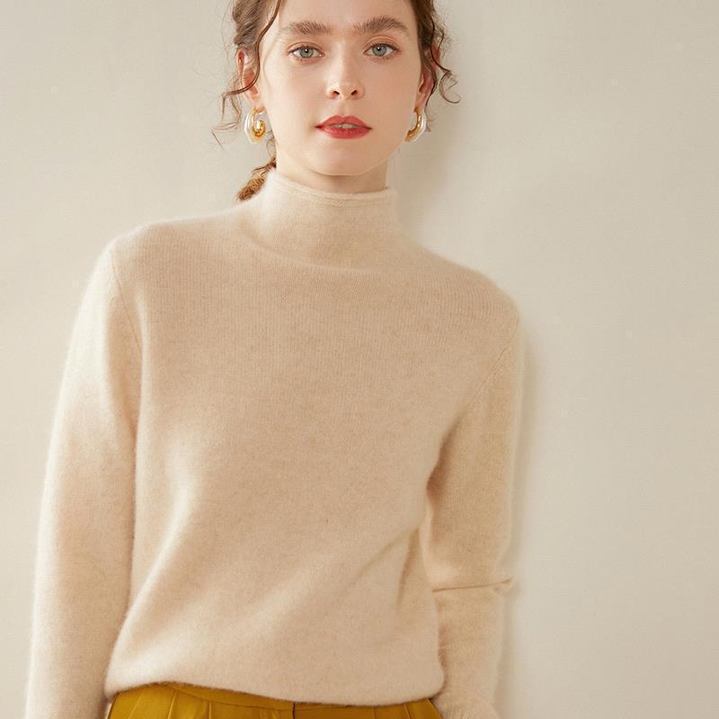 White Cashmere Rolled Collar Sweater - Women's Loose Fit Pullover for Autumn/Winter 2025
