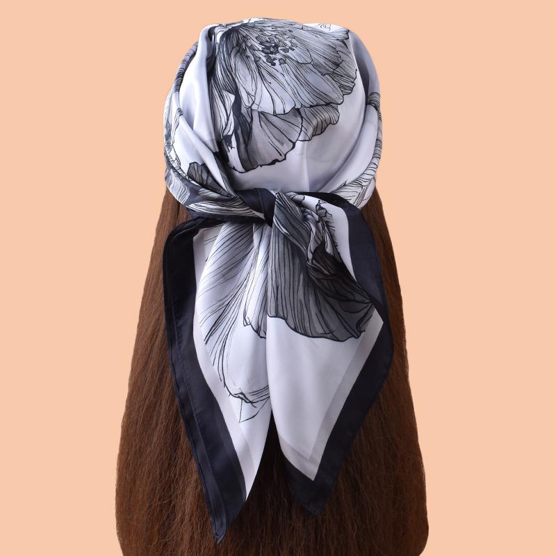1pc Sweet Large Flower Print Silk Satin Square Scarf Women's Hair Accessory Spring New Versatile Belt Bag Decoration Heads