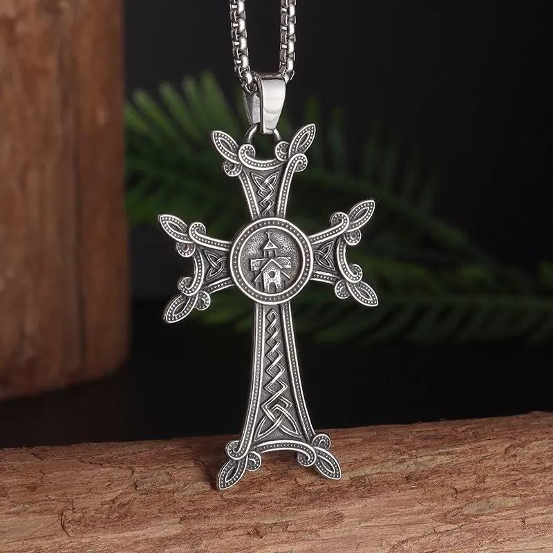 Collana con Ciondolo a Croce con Intreccio Celtico Nordico Vintage per Uomo Catena in Acciaio Inossidabile Gioiello Collana Amuleto