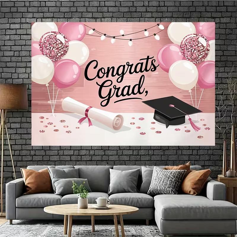 2D Flat Graduation Backdrop Pink "Congrats Grad" Themed Background Cloth