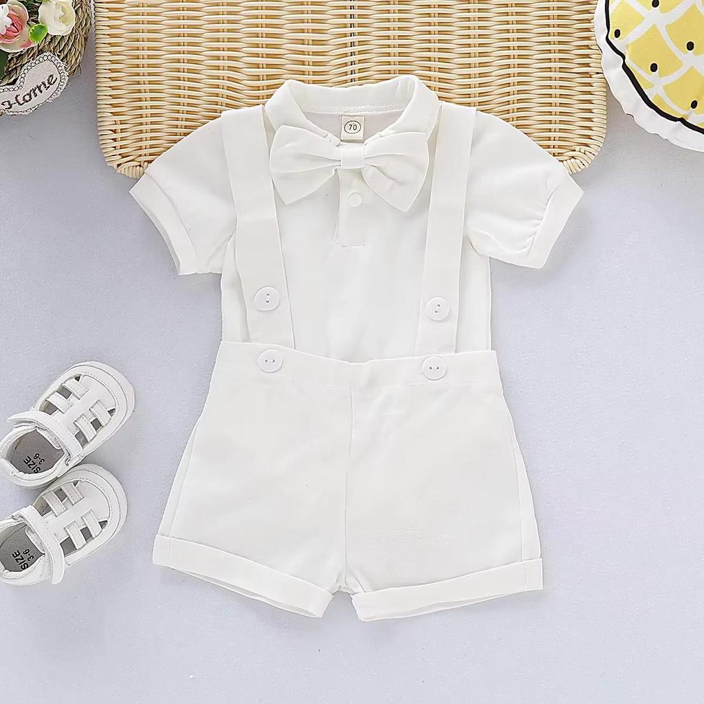 Mini Strój Dżentelmena Niemowlęcy Chłopiec Formalne Stroje Koszulka z Krótkim Rękawem z Muszką + Śpioszki Krótkie Spodenki Letnia Moda Zestaw 2 Szt.