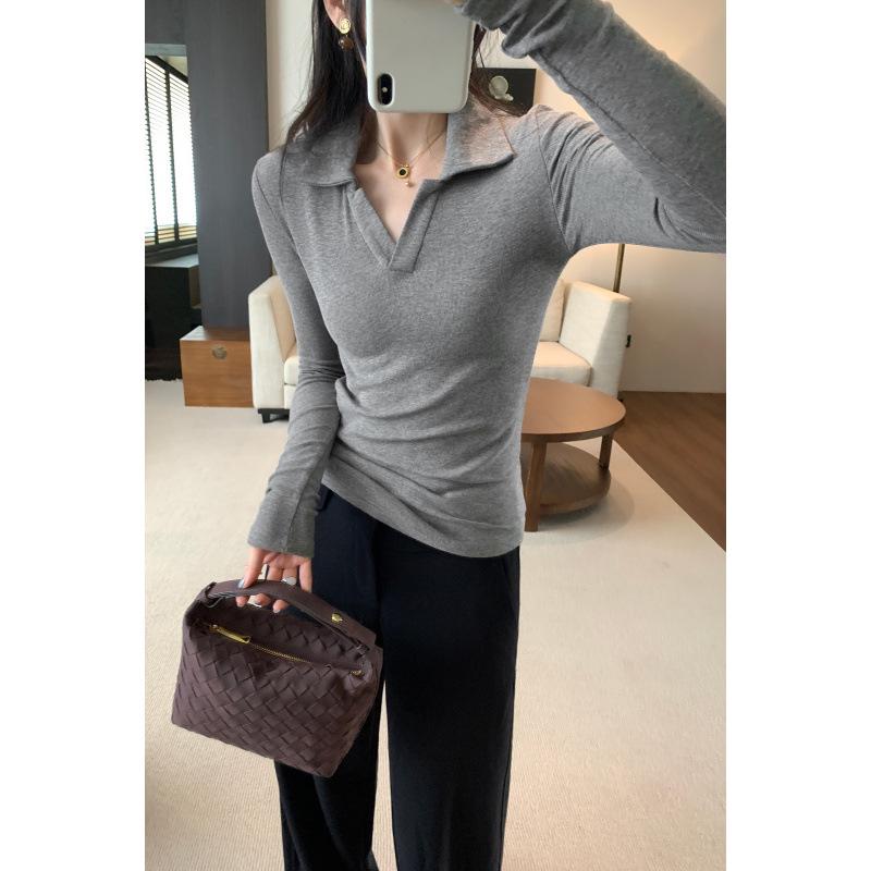 Super Flattering Slim Fit Grey Lapel T-Shirt for Petite Women, Autumn/Winter 2025