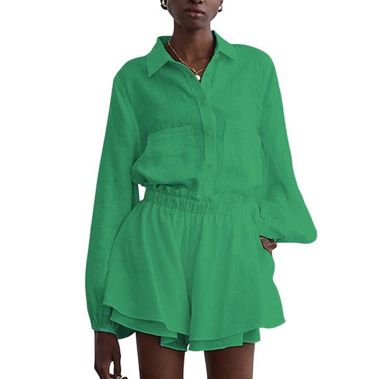 2 Teile/satz Frauen Set Raffen Elastische Schnürung Lange Taille Falten Hosen Hemd Shorts Blase Ärmel