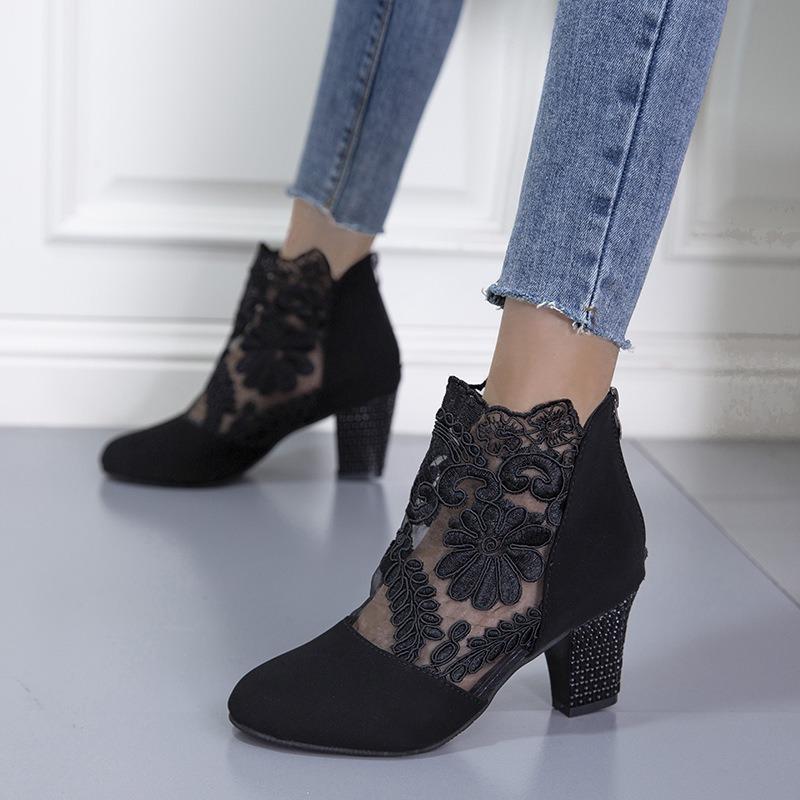 Lace Mesh High Heel Cool Boots Women's Large Size Fashion Round Head Thick Heel Sandals