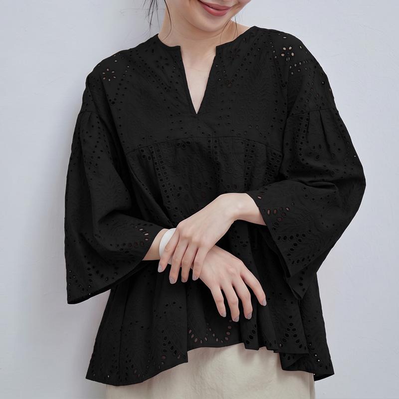 ZANZEA Blusa da Donna Casual con Scollo a V, Maniche a 3/4, Larga, Patchwork di Pizzo all'Uncinetto