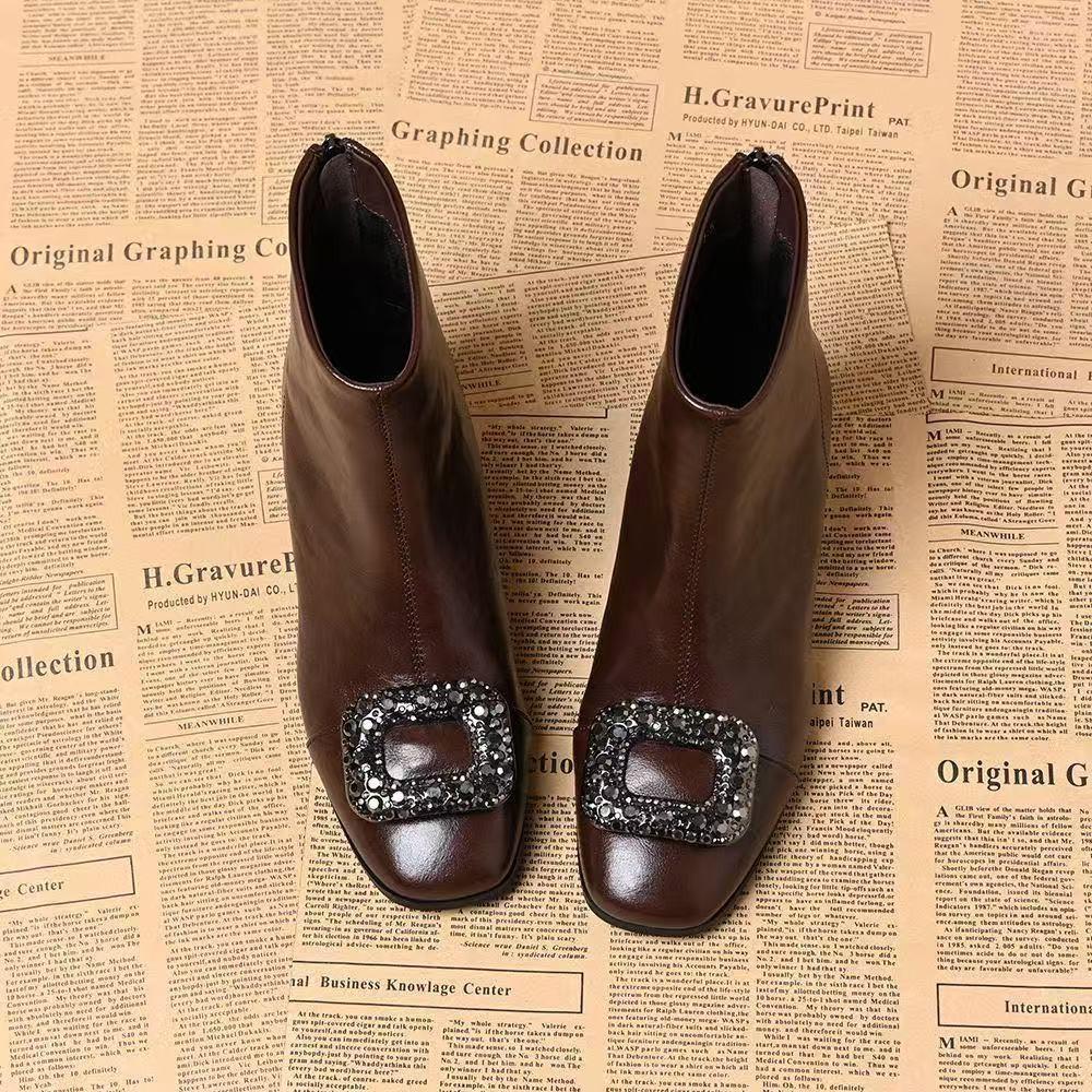 

Обувь нового стиля: Ботильоны с квадратным носком, Ботинки до середины икры на массивном каблуке, Женская обувь на низком каблуке с квадратной пуговицей 40 коричневый