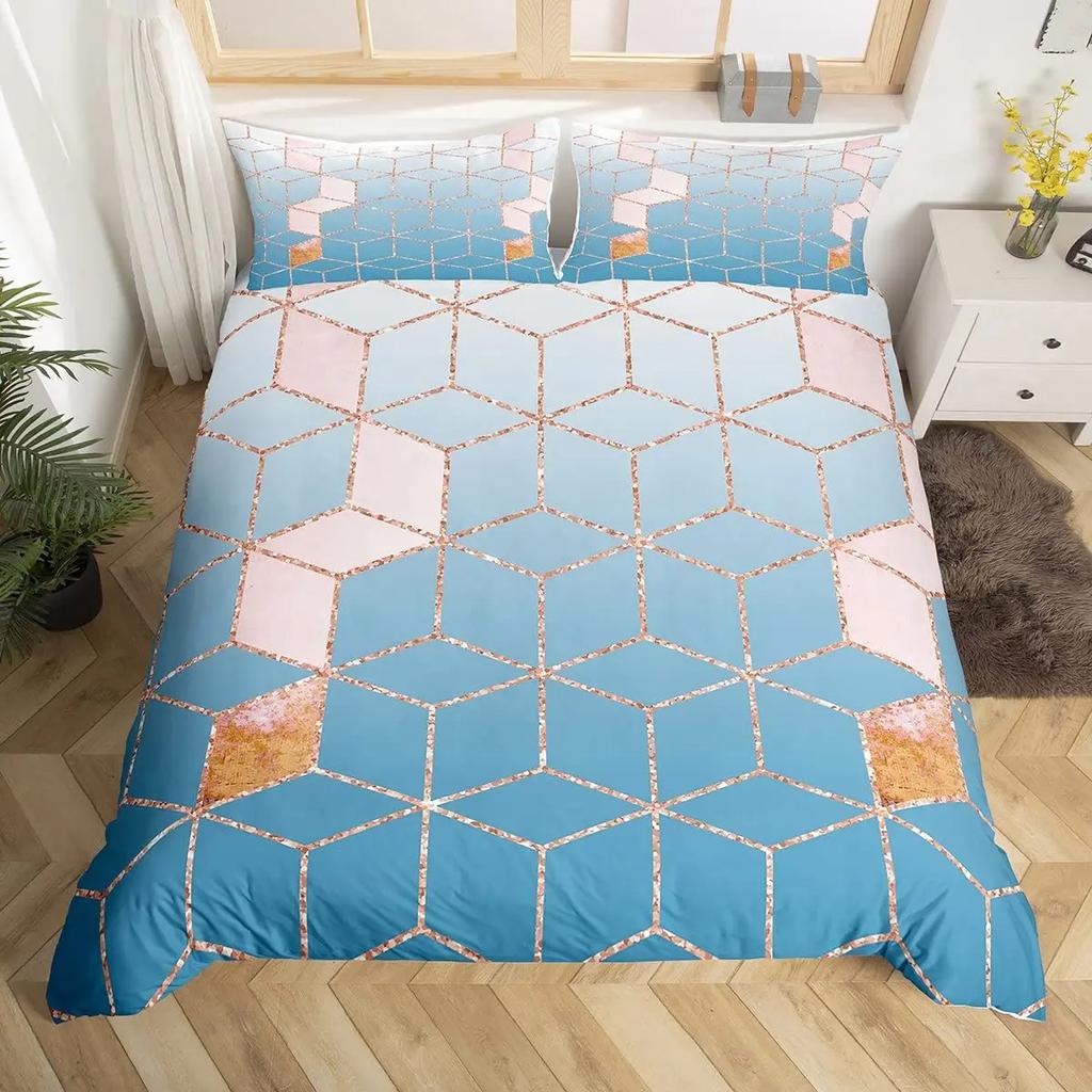 Geometry Ombre Duvet Cover Full King,Honeycomb Marble Geometric Bedding Set For Teen Girls Women Diamond Hexagon Comforter Cover