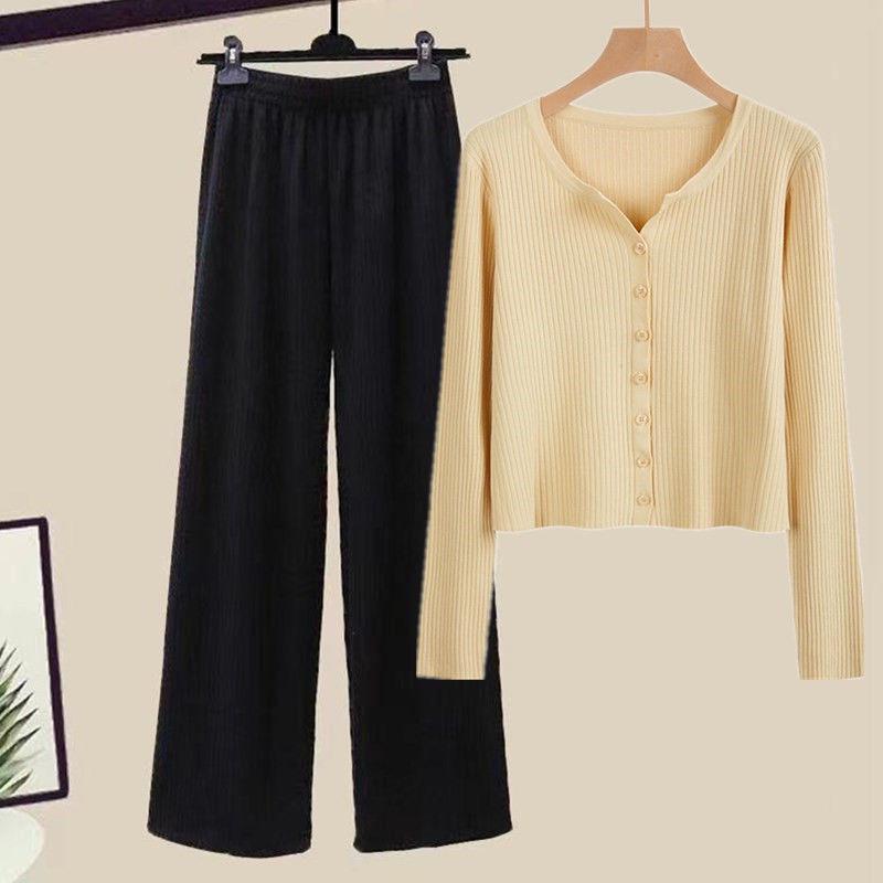 Two-Piece Women's Autumn Knit Set: Korean Short Sweater & Casual High-Waist Wide-Leg Pants