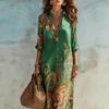 2026 European Beach Vacation Retro Light Blue Print Shirt Dress