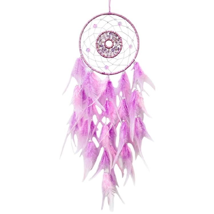 

Intricate Handmade Dreamcatchers with Pink Purpled Feathered Accent and Flower Beads Hanging Pendants for Decorative Use 1