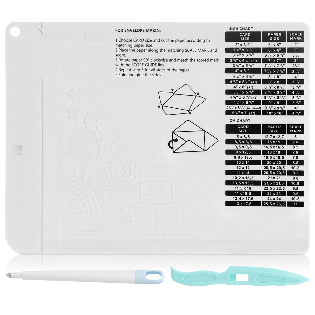 Mini Score Board 6.46x8.5inch Multipurpose Scoring Board Envelope Maker with Bone Folder and Pen for Paper Craft and Card Making