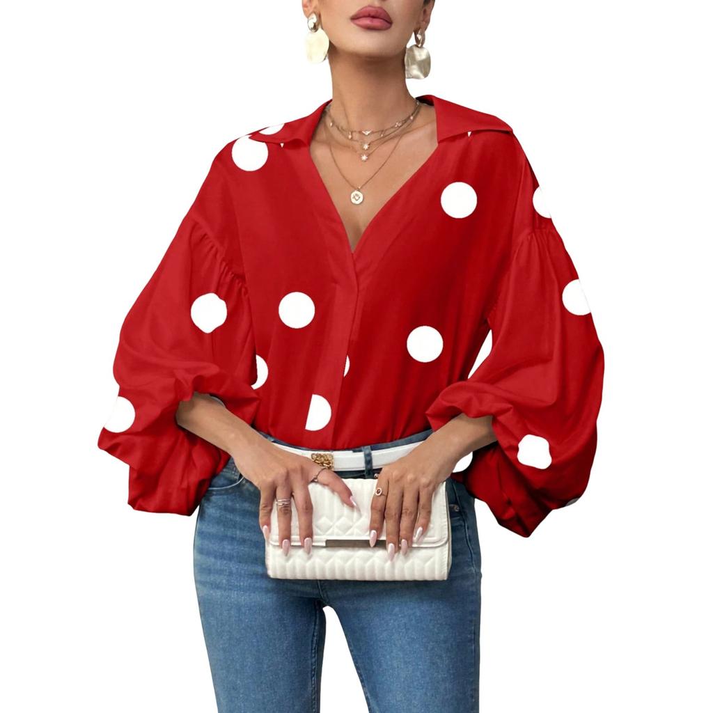 Women's  Casual French Polka Dot Half Open Neck Loose Bubble Long Sleeve Top