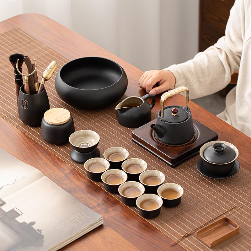 Black pottery Kung Fu tea set Chinese-style household brewing teapot cover bowl simple high-end ceramic cover bowl drinking tea cup set