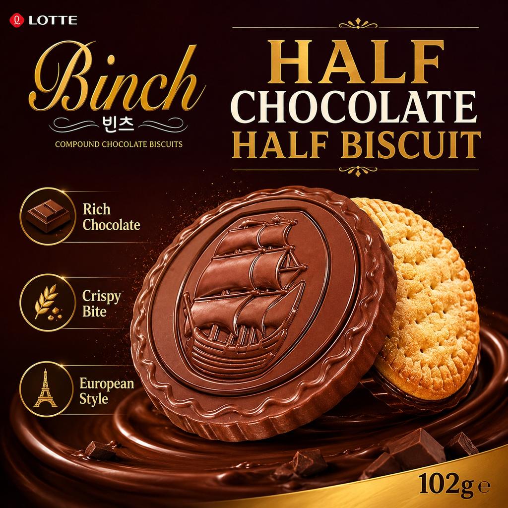 Lotte Binch Compound Chocolate Biscuits 102g | Crispy Biscuit Texture, Rich Chocolate Flavor, Convenient Snack