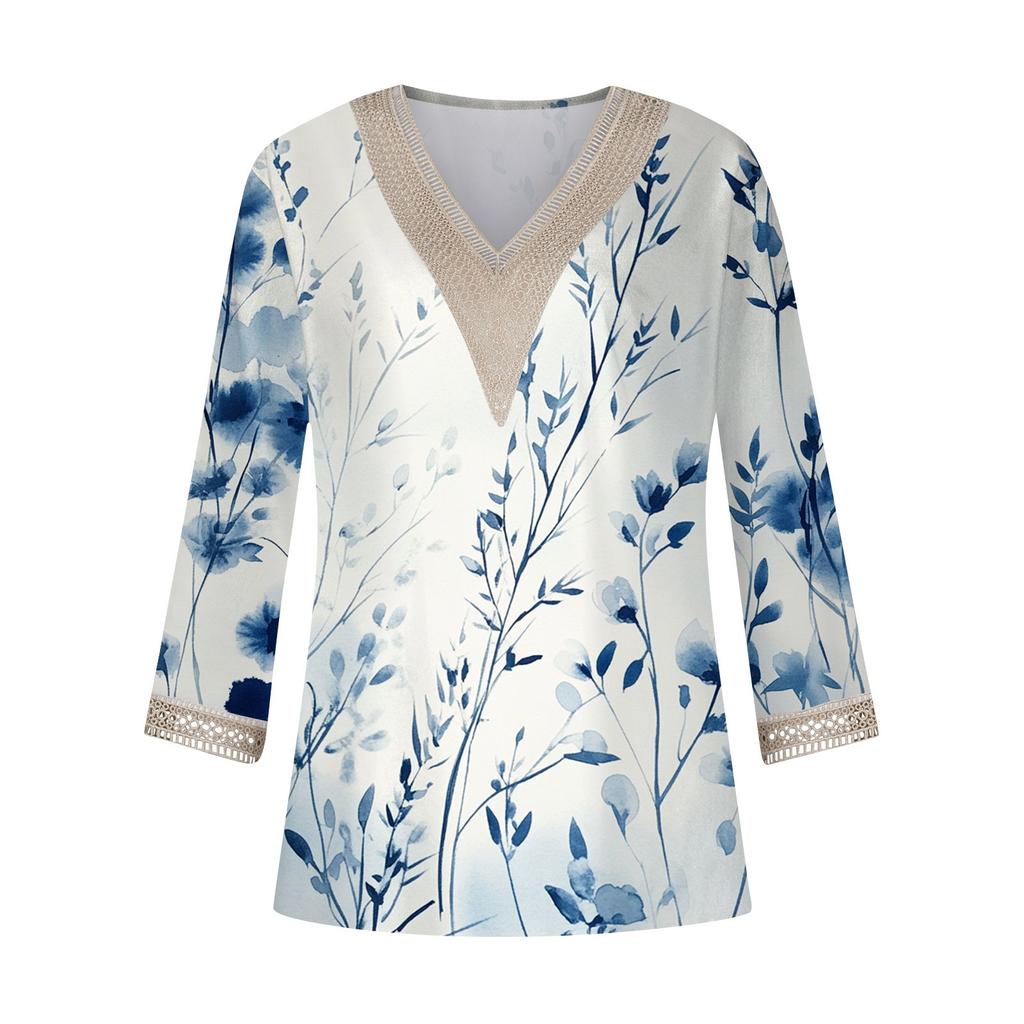 T-shirt décontracté à manches sept pour femme, col en V, dentelle, imprimé floral vintage