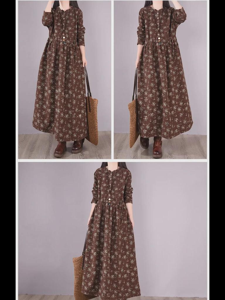 Women's Retro Floral Velvet-Lined Cotton Linen Dress - Round Neck, Long Sleeves, Loose Fit for Autumn/Winter 2023.