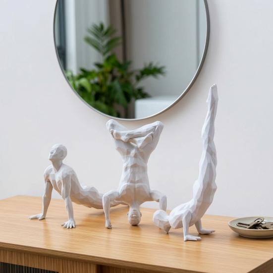 Yousheng Stable Base Ornament, 3D Printed Yoga Figure with White Matte Texture, Geometric Cross-Section Design Sculpture for Desk Tea