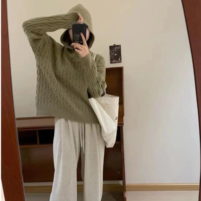 Autumn and winter new twist sweater women's hooded pullover retro lazy loose soft waxy knitted sweater sweater top women