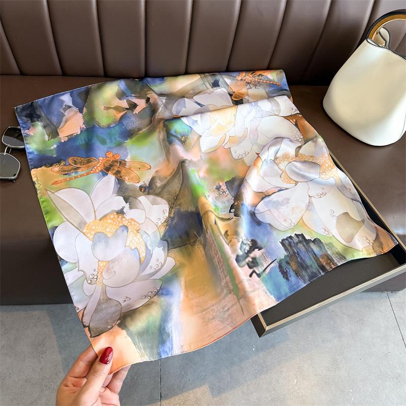 Ink lotus simulation silk printing silk scarf square scarf high-end shawl sunscreen neck small square scarf headscarf scarf women