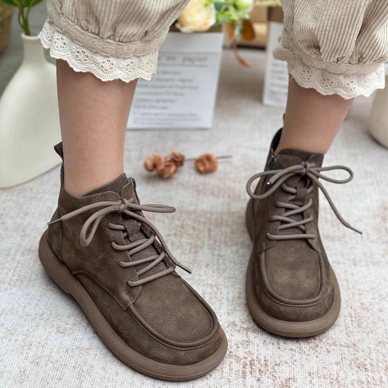Fashion GKTINOO Retro Handmade Genuine Leather Plush Short Boots 2024 Winter New Round Toe Flat Bottom Side Zipper Warm Women's Shoes