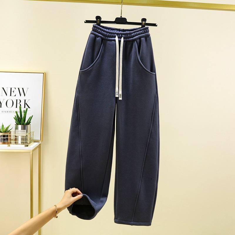 Warm Winter Straight Pants Women's Plush Fleecing Thermal Wide Leg Silhouette Trousers Corduroy Baggy Black Trousers