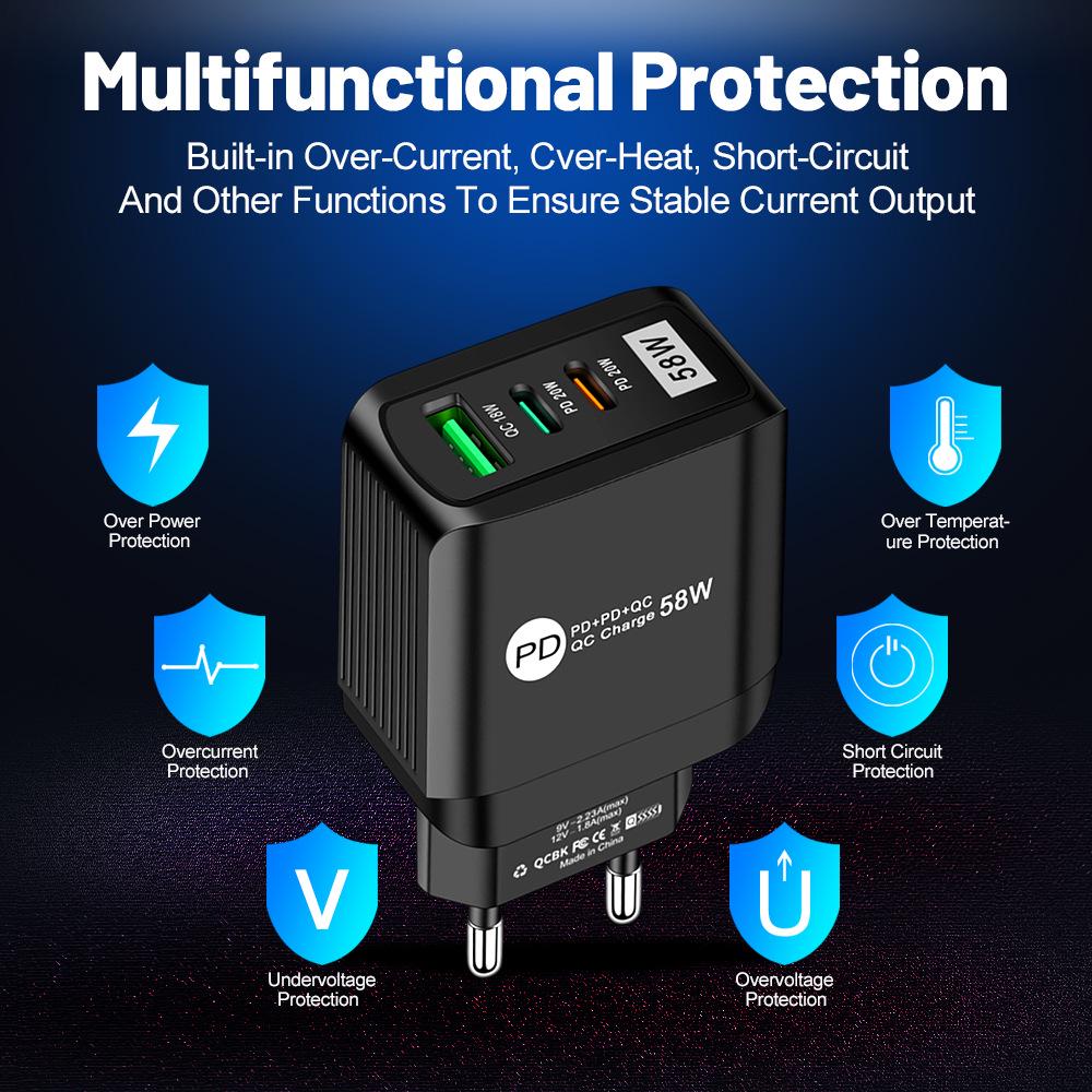 58W Multi-Standard Fast Charger with USB and 2PD for EU/US/UK/KR/AU