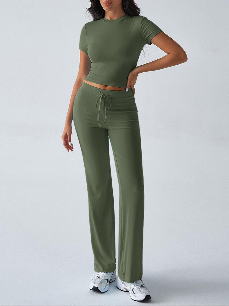 2025 Women's European & American Solid Color Round Neck Casual Fashion Set - Short Sleeve Top & Long Pants for Spring/Summer
