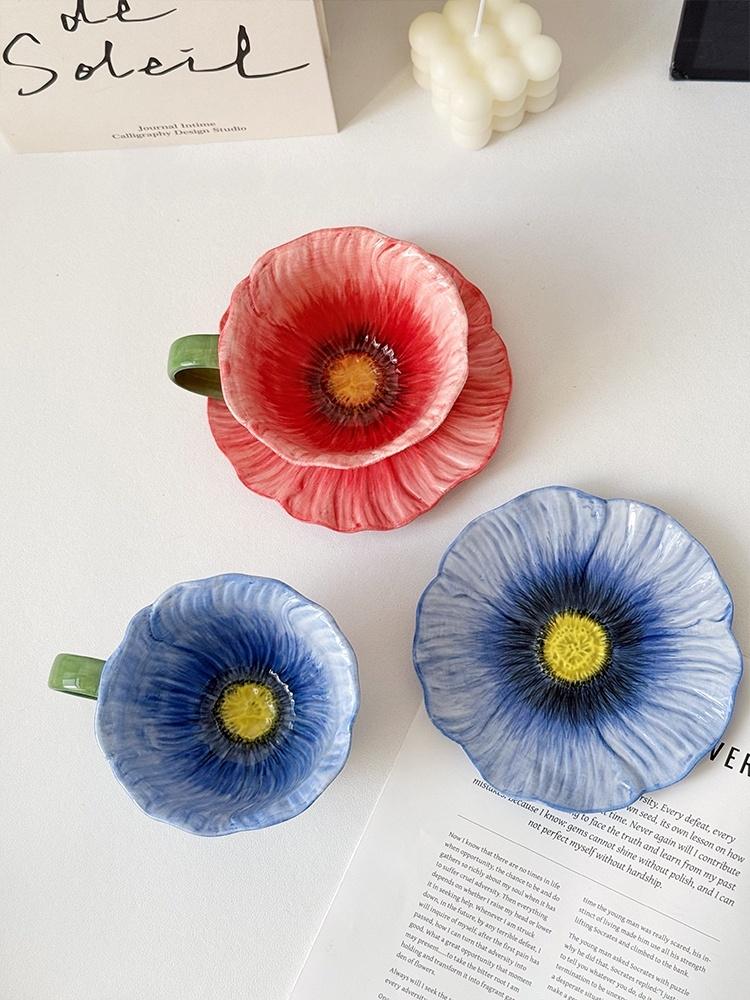 Suits Cute Flower Ceramic Coffee Mug with Tray Plate Artistic High Beauty Afternoon Tea Latte Coffee Cup Plate Dish Set