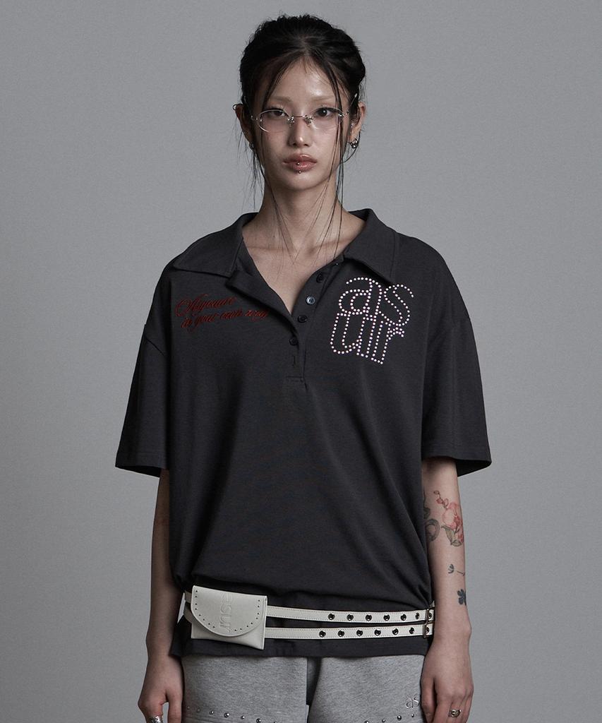 Aejeuyua Basic Hotfix Collared T-Shirt Charcoal
