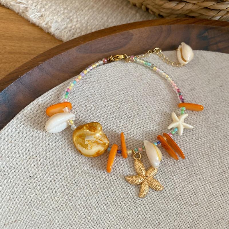 Crystal shell beaded starfish bracelet necklace set dopamine vacation style sweet jewelry women